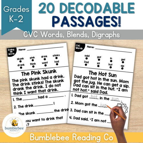 1 Homeschool resource page featuring decodable passages for grades K-2, including 'The Pink Skunk' and 'The Hot Sun' with CVC words, blends, and digraphs for early reading practice.
