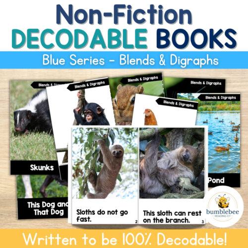 1 Collection of non-fiction decodable books from Homeschool Resource Co featuring animal-themed titles like Skunks, Sloths, and Pond.