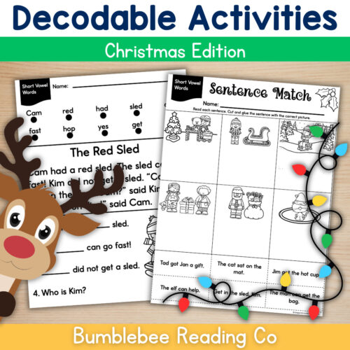 1 Christmas-themed educational activities for homeschool, featuring sentence matching and short vowel words worksheets with festive decorations.