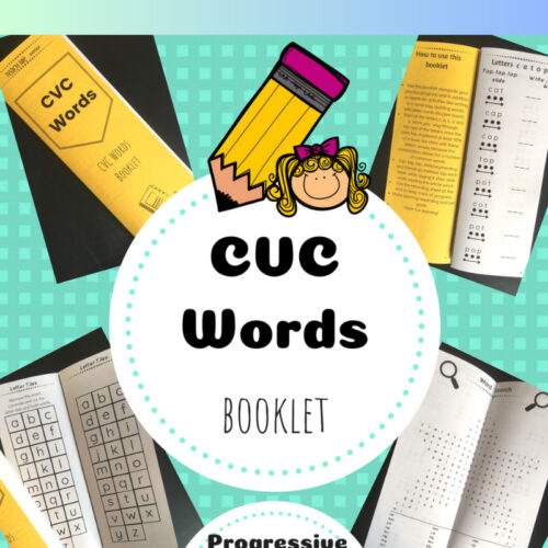 Homeschool Resource Co. CVC Words booklet cover with colorful illustrations and sample pages for phonics practice.