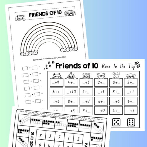Educational printable worksheets for kids featuring a friends of 10 number chart, addition and subtraction practice, and a fun rainbow activity.