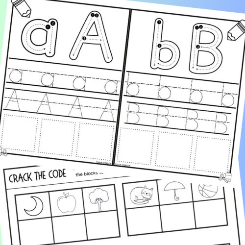Educational worksheet for learning the alphabet and basic coding with images of letters, objects, and animals for homeschooling.