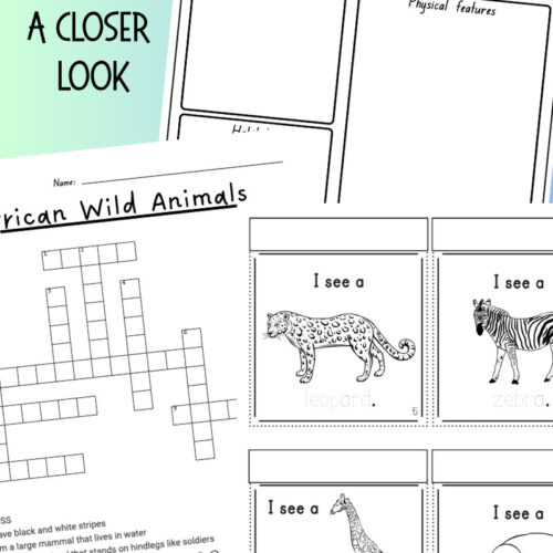 Educational worksheets on African wild animals for homeschooling, including animal reports, crosswords, and identification activities.