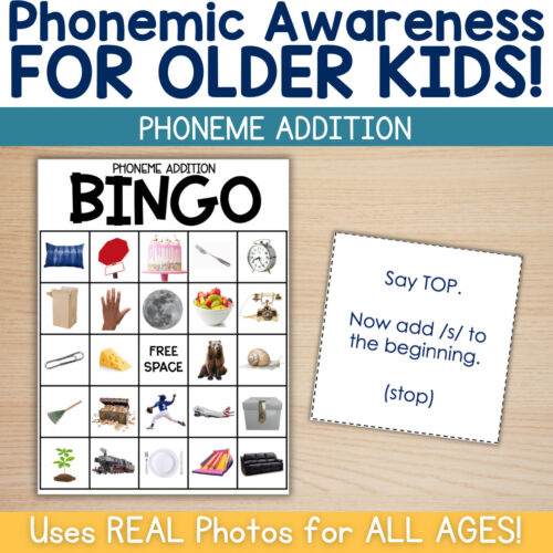 Phonemic awareness bingo game for older kids focusing on phoneme addition with colorful images and instructions.