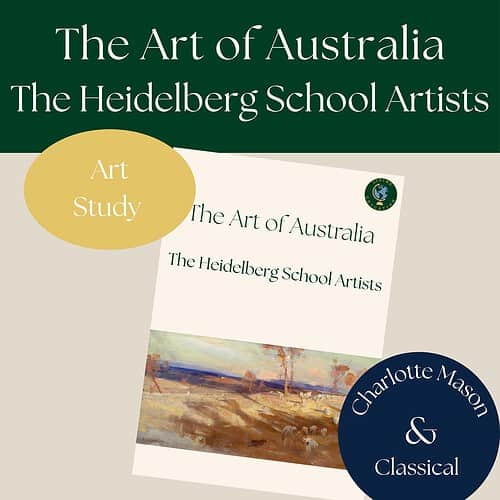 Book cover titled 'The Art of Australia' by Charlotte Mason, featuring landscape artwork and a dark blue circle with white text.
