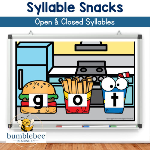 1 Bright classroom illustration featuring a hamburger, french fries, and a carton of milk with letters forming the word 'g o t' on a whiteboard titled Syllable Snacks Open & Closed Syllables.