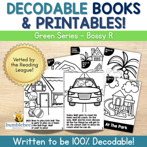 Decodable Books & Printables image from Homeschool Resource Co. Green Series - Bossy R featuring black-and-white coloring sheets and a park scene for reading practice.