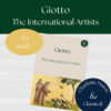 1 Giotto The International Artists book cover shown with art study label, pendant title text, and a circular blue author tag in a collage of classic artwork.