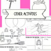 1 Childhood learning activity illustrations featuring a magician wand, a bubbling cauldron, dragons, dinosaurs and frogs from Room on the Broom, set against a pink background for homeschool resources.