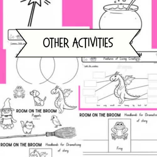 Childhood learning activity illustrations featuring a magician wand, a bubbling cauldron, dragons, dinosaurs and frogs from Room on the Broom, set against a pink background for homeschool resources.