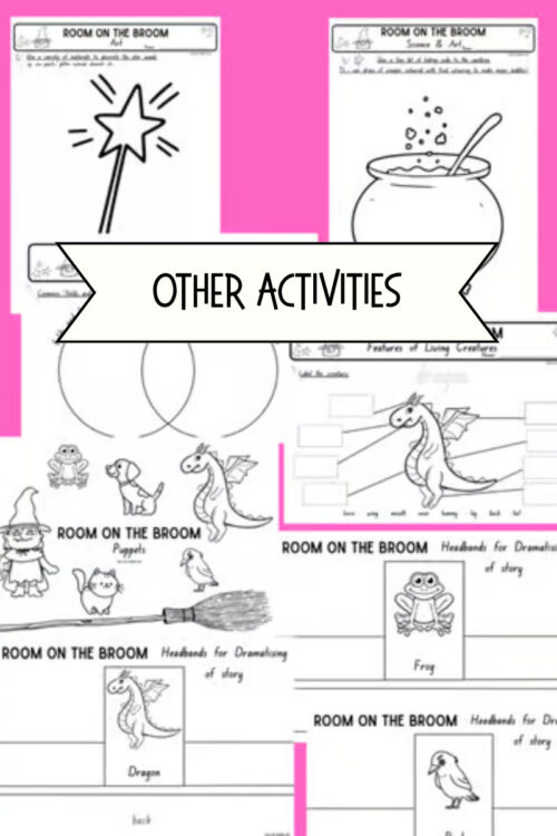 1 Childhood learning activity illustrations featuring a magician wand, a bubbling cauldron, dragons, dinosaurs and frogs from Room on the Broom, set against a pink background for homeschool resources.