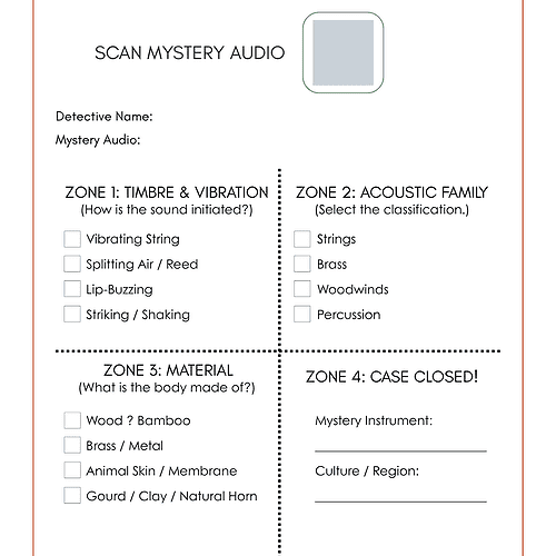 Educational instrument sound detective case log for homeschool science activities, including vibration zones, acoustic family, and materials.
