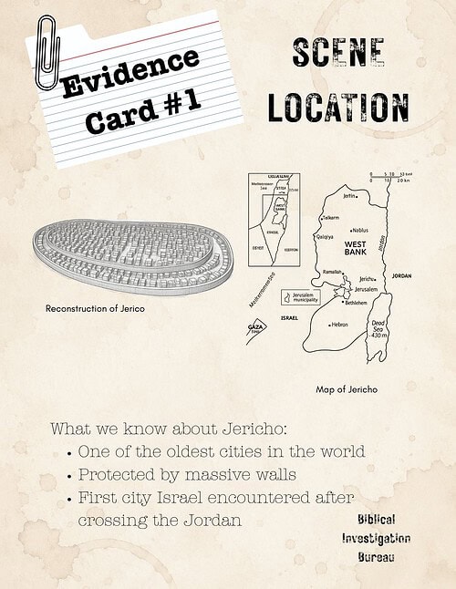 10 Reconstruction of Jericho with evidence card and map showing its location in Israel near Jordan.