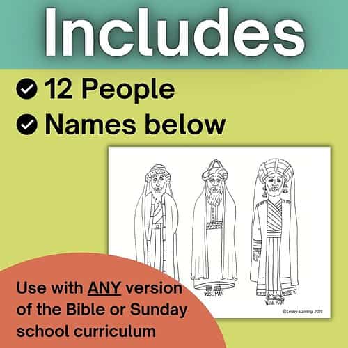 Printable Bible character coloring pages featuring Wise Man, with space for 12 people and names, suitable for Sunday school or Bible curriculum.