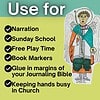 Homeschool Resource Co. Educational Use Illustration of a child dressed as an angel with a Bible, highlighting educational uses like narration, Sunday school, and journaling.