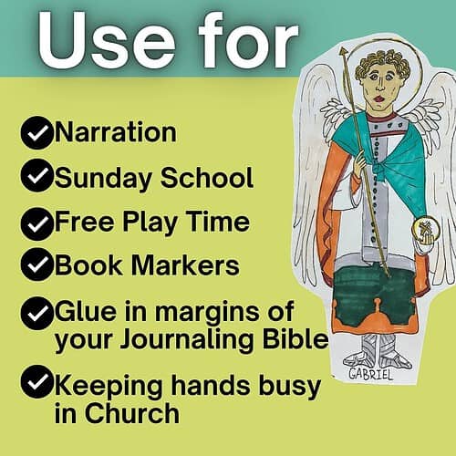 Homeschool Resource Co. Educational Use Illustration of a child dressed as an angel with a Bible, highlighting educational uses like narration, Sunday school, and journaling.