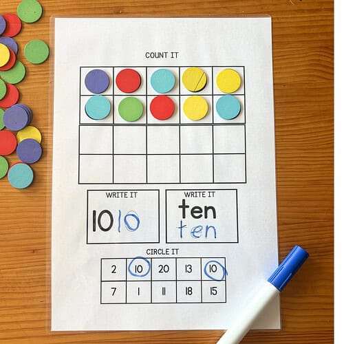 Educational worksheet for counting, writing, and circling numbers for homeschool learning.