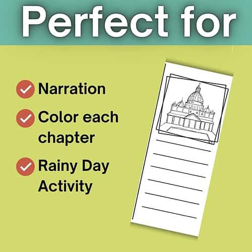 Educational worksheet with narration, coloring, and rainy day activities for homeschooling.