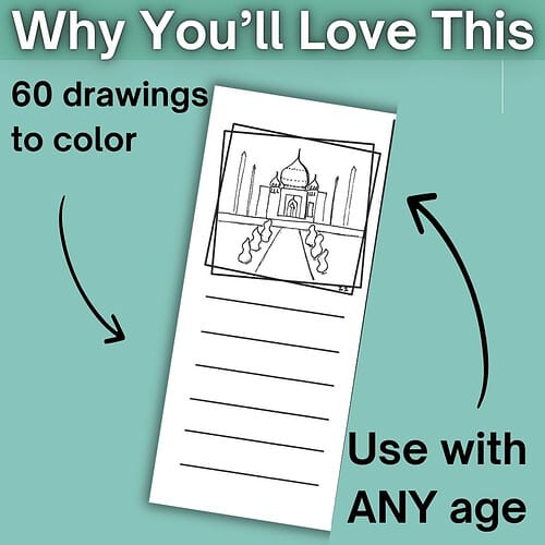 Homeschool Coloring Drawings for All Ages Coloring page featuring a detailed drawing of the Taj Mahal, perfect for children and adults to color and enjoy.