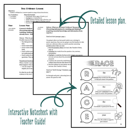182 Text Evidence Lesson (Secondary Reading Intervention: RACE Strategy to Answer Questions)