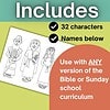 2 Homeschool resource with Bible character coloring pages for Sunday school or Bible curriculum.