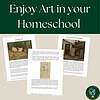 Three educational homeschool articles with images and text on a white background, promoting art and history learning at home.
