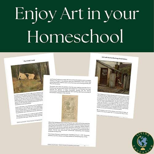 Three educational homeschool articles with images and text on a white background, promoting art and history learning at home.