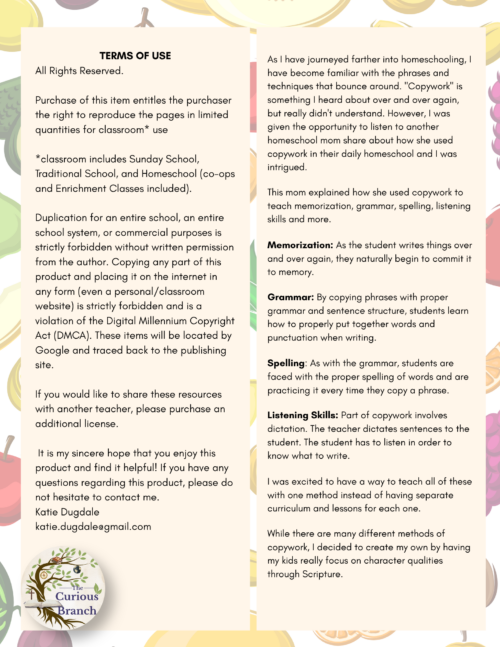 2 Fruitful Copywork | A Full Year of Copywork | Fruit of the Spirit & Biblical Integrity | No Prep