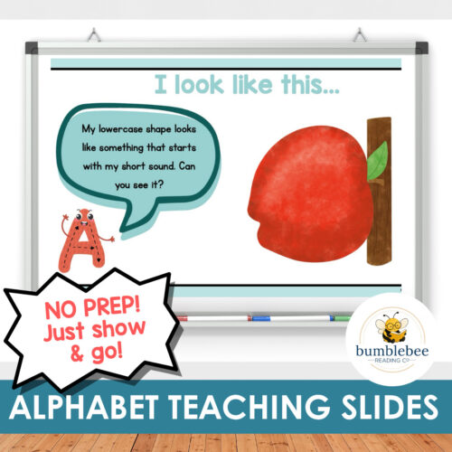 Alphabet teaching slide showing lowercase 'A' and an apple illustration for homeschool learning.