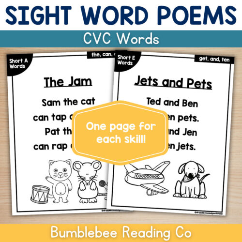 Sight word poems for CVC words from Bumblebee Reading Co, featuring 'The Jam' and 'Jets and Pets' with illustrations of a cat, mouse, airplane, and dog.