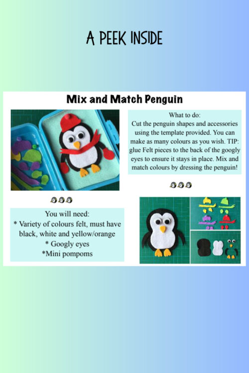 2 Homeschool resource activity for children featuring a penguin craft with matching colors and accessories.
