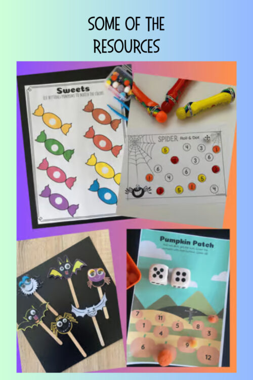 2 Collection of educational resources including candy-themed sorting activity, spider roll and dot game, Halloween-themed craft sticks, and pumpkin patch number game for homeschooling.