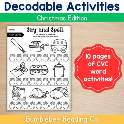 Homeschool resource activity sheet for Christmas edition with CVC words and pictures for early reading practice.