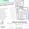 Educational worksheet on African wild animals featuring lion, leopard, cheetah, giraffe, and elephant with facts and quiz questions.