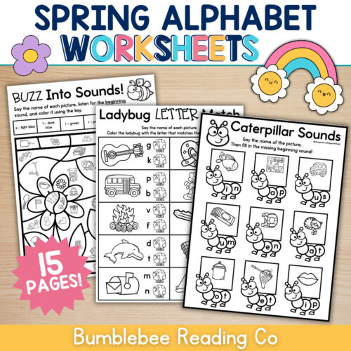 Spring alphabet worksheets for preschoolers featuring ladybug, caterpillar, and buzz sounds with colorful illustrations and engaging activities.