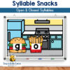 2 Open and closed syllables image showing a burger and fries on a whiteboard classroom display for Syllable Snacks by Homeschool Resource Co.