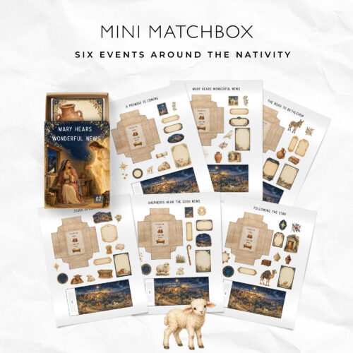 Mini Matchbox set from Homeschool Resource Co. featuring six nativity-themed events and craft kits with wooden tokens, maps, and a small sheep figure.
