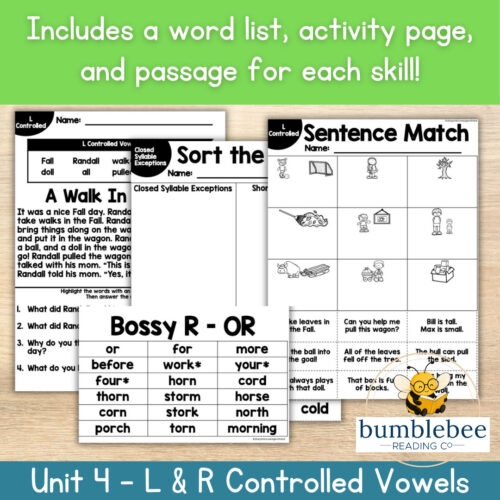Educational reading activity page from Homeschool Resource Co. featuring word lists, sentence match, and vowel sorting games for L and R controlled vowels.
