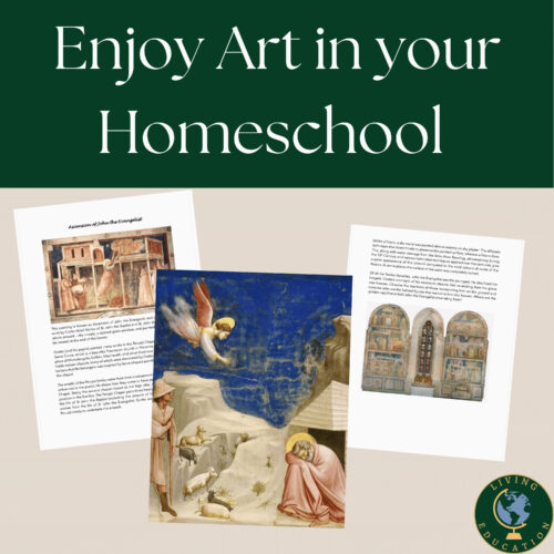2 Image showcasing art pieces and educational printouts for homeschooling, with a green header reading 'Enjoy Art in your Homeschool' and collage-style artwork.