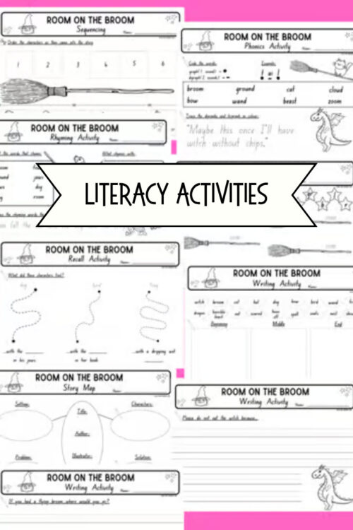 2 Homeschool Resource Co. literacy activities: Room on the Broom themed worksheets featuring handwriting, phonics, rhyming, and writing prompts for kids.
