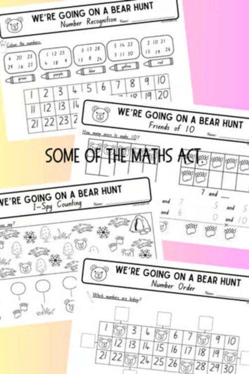 2 Homeschool Resource Co. bear hunt math activities worksheet cover featuring bear icons, number order and counting tasks for kids learning at home.