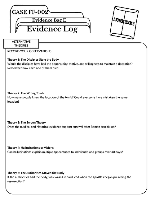 Homeschool Evidence Log for Alternative Theories Homeschool resource evidence log for documenting alternative theories and historical evidence in homeschooling curriculum.