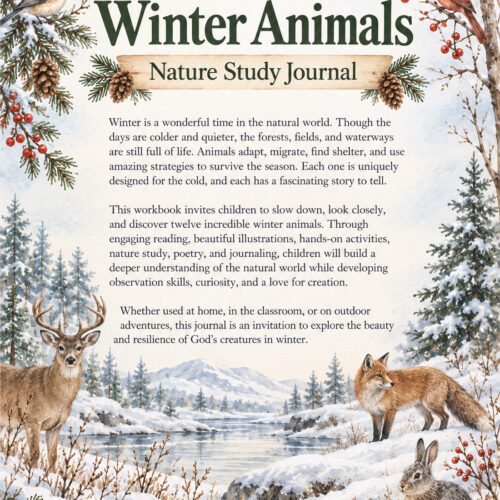 Winter Animals Nature Study Journal cover featuring a snowy landscape with deer, fox, rabbit, birds and pine branches.