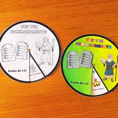 Colorful educational CD about The Ten Commandments with Moses illustration and Exodus 20:1-17 text, designed for homeschool learning.