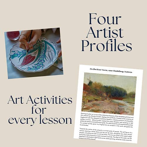 Art activities for homeschool lessons featuring four artist profiles and landscape painting.