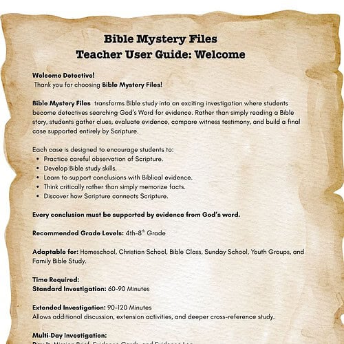 Bible Mystery Files teacher guide for homeschool, Christian school, and family Bible study, encouraging students to explore Scripture and biblical evidence.