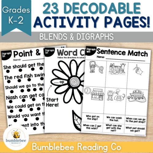 3 Set of 23 decodable activity pages for grades K-2 focusing on blends and digraphs, including word matching and sentence activities, designed for homeschool learning.