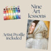 3 Nine Art lessons: color palette tubes and a painted portrait, ebook style collage, homeschool art resource image.