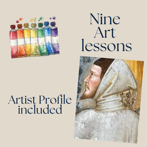 3 Nine Art lessons: color palette tubes and a painted portrait, ebook style collage, homeschool art resource image.