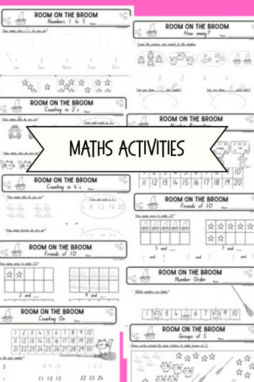 3 Maths activities banner from Homeschool Resource Co. featuring room on the broom theme and various counting and number worksheets for math practice.